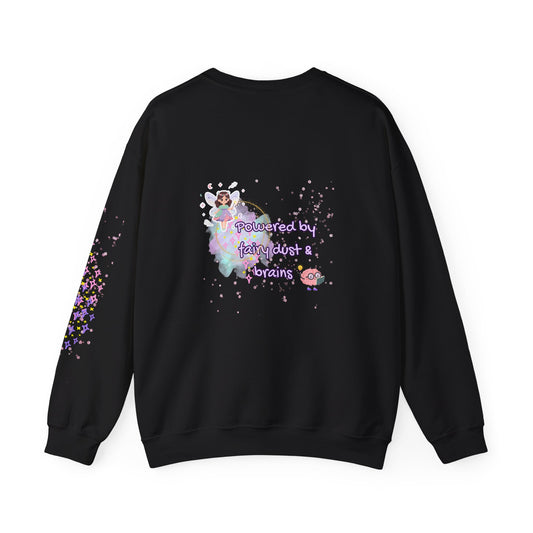 Black sweatshirt with colorful graphic design on a white background