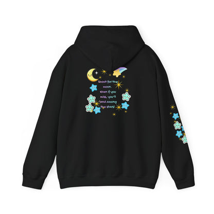 Bright Shoot for the Moon. Even if you miss, you'll land among the stars Hoodie - Cute Starry Moon Graphic