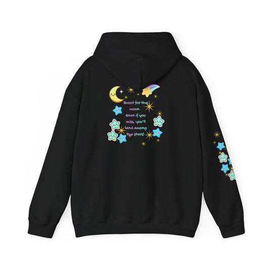 Bright Shoot for the Moon. Even if you miss, you'll land among the stars Hoodie - Cute Starry Moon Graphic