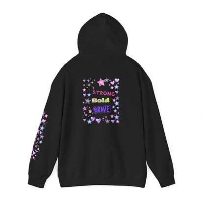 Strong Bold Brave Hoodie — Cute Inspirational Heart & Star Graphic on Back & Sleeve