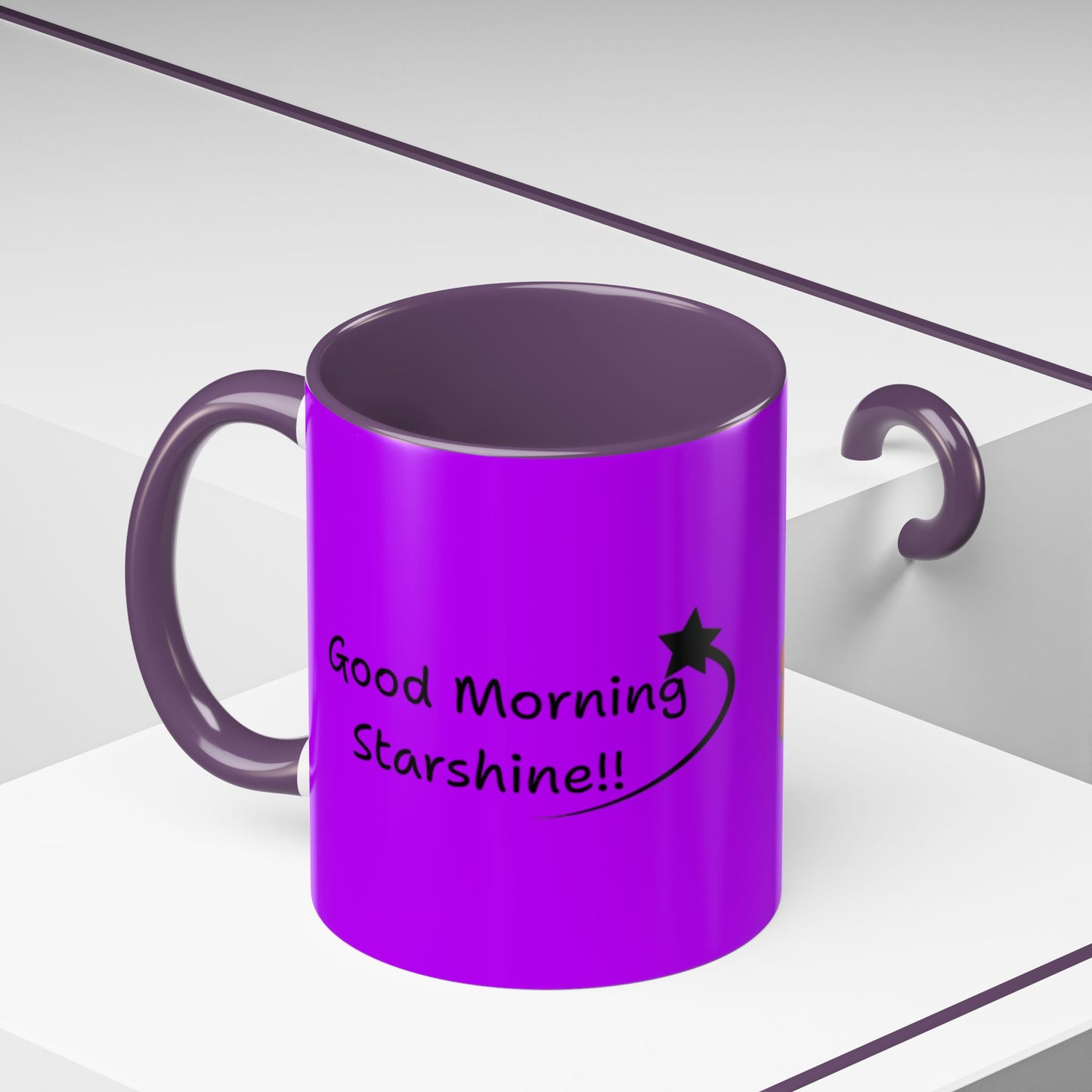 'Good Morning Starshine' Neon Cheerful Coffee Mug by PositiveHug - Purple exterior