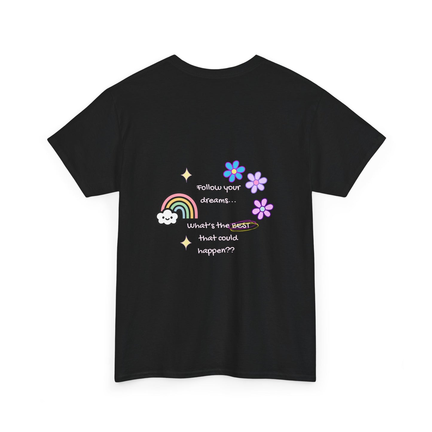 Black t-shirt with colorful graphics and text on a white background
