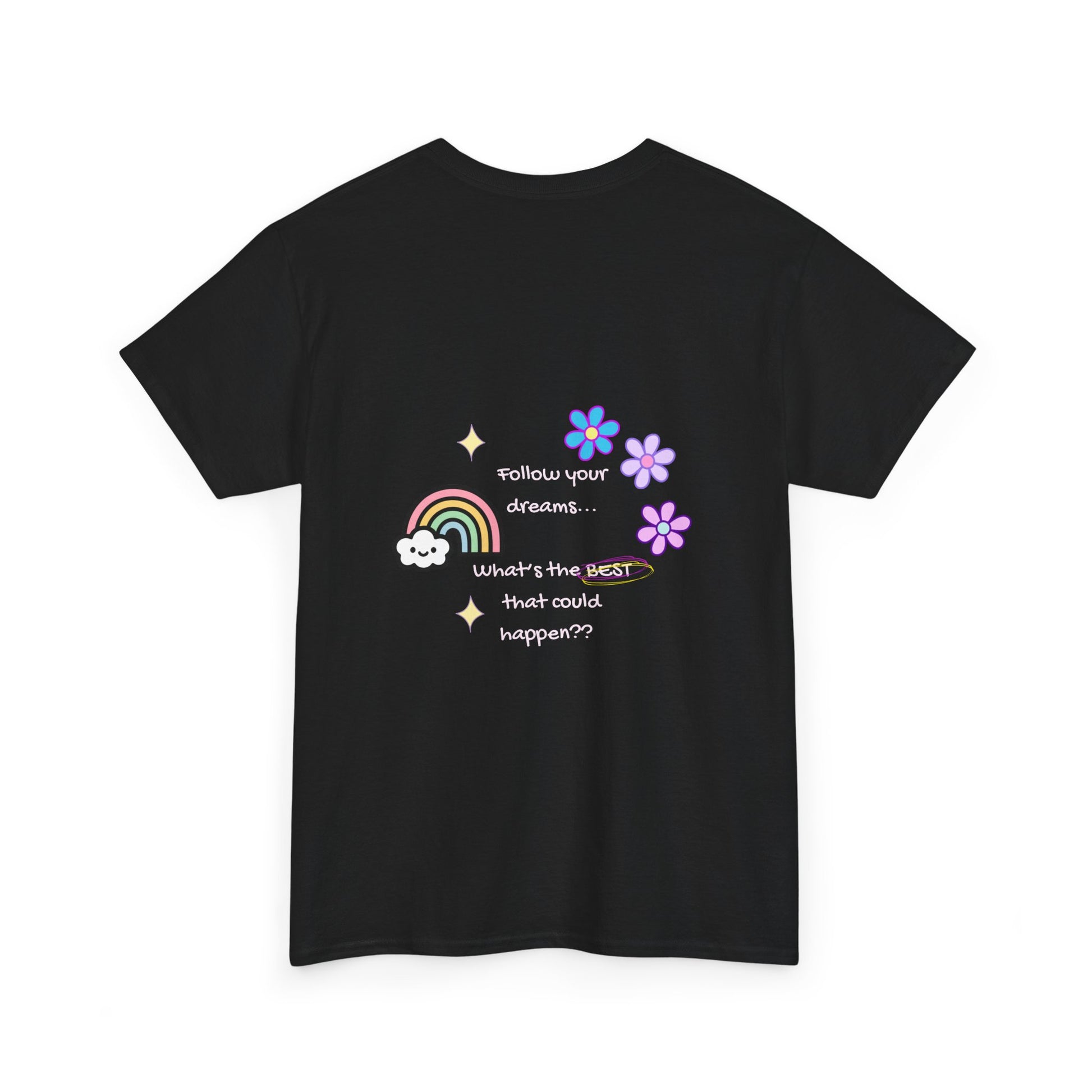 Black t-shirt with colorful graphics and text on a white background