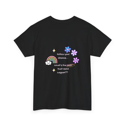 Black t-shirt with colorful graphics and text on a white background