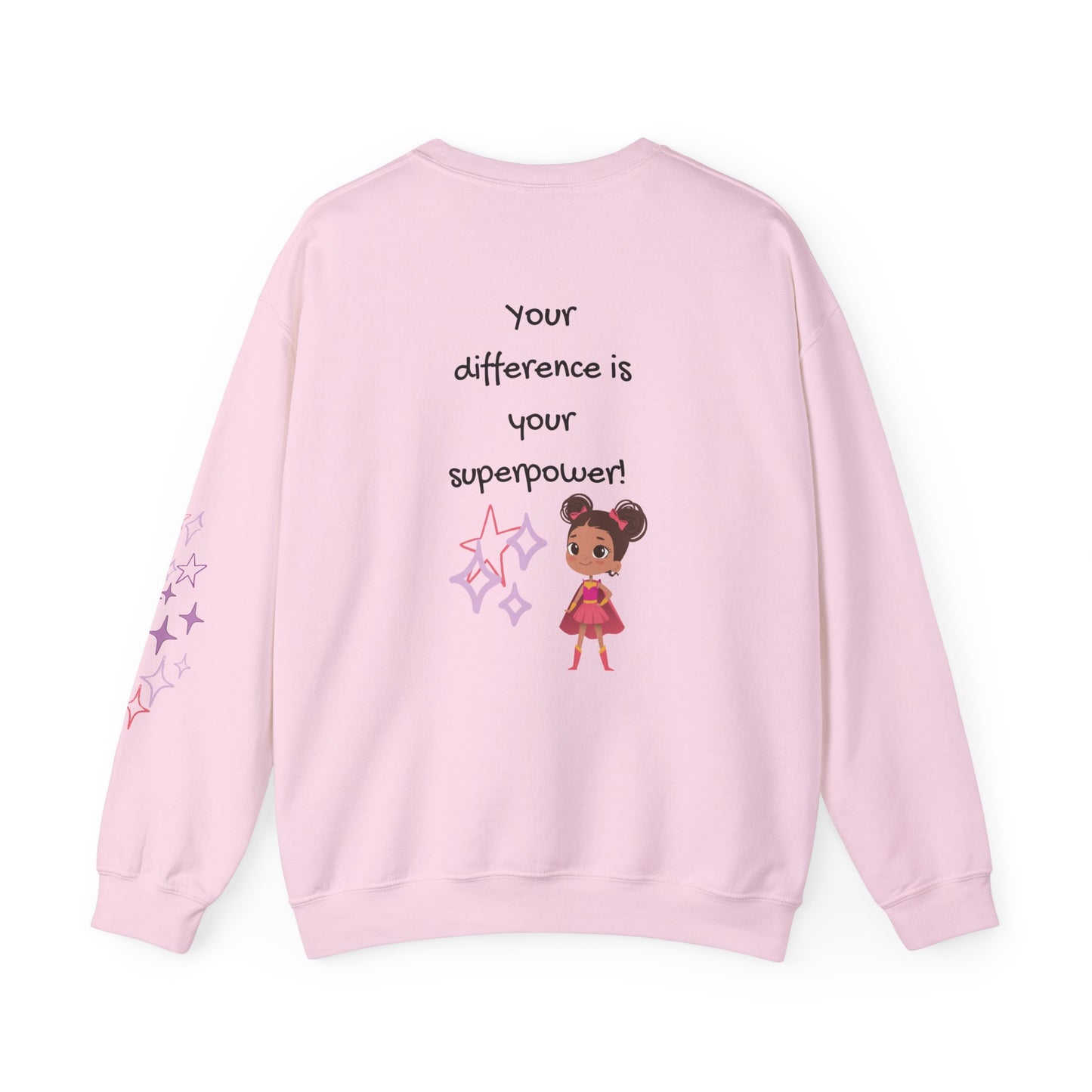 Pink sweatshirt with a character and motivational text on a white background