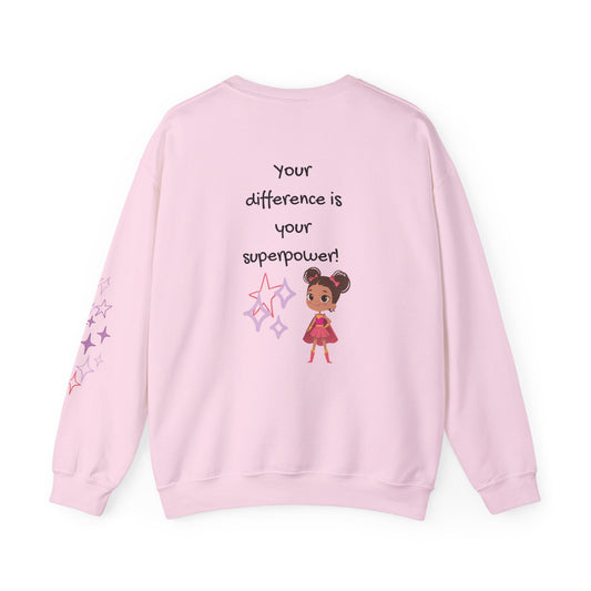 Pink sweatshirt with a character and motivational text on a white background