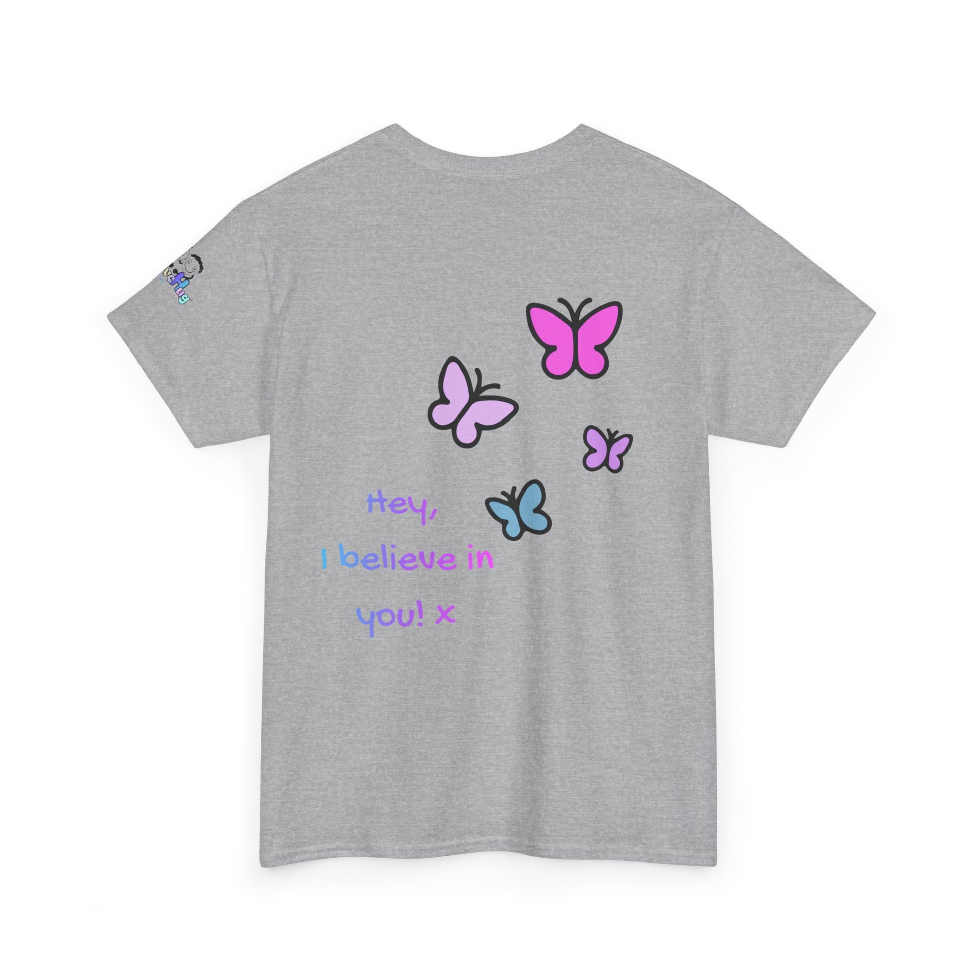 Gray t-shirt with colorful butterfly designs and text on a white background