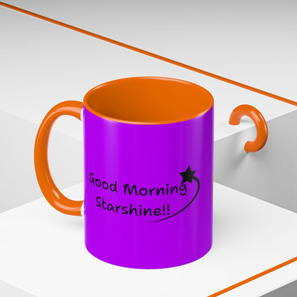 'Good Morning Starshine' Neon Cheerful Coffee Mug by PositiveHug - Purple exterior