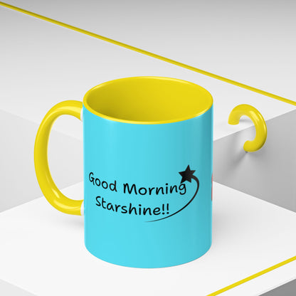 'Good Morning Starshine' Neon Cheerful Coffee Mug by PositiveHug - Turquoise exterior