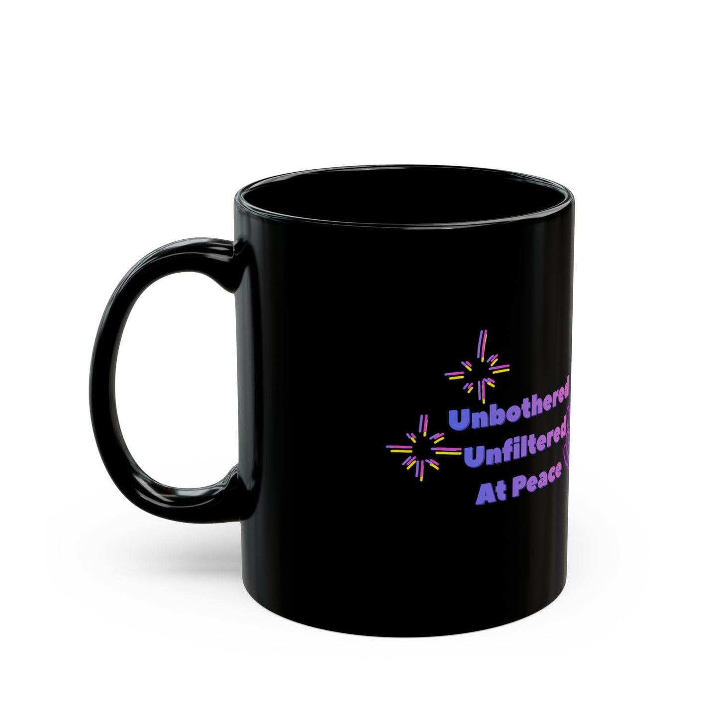 Black mug with colorful text and star designs on a white background
