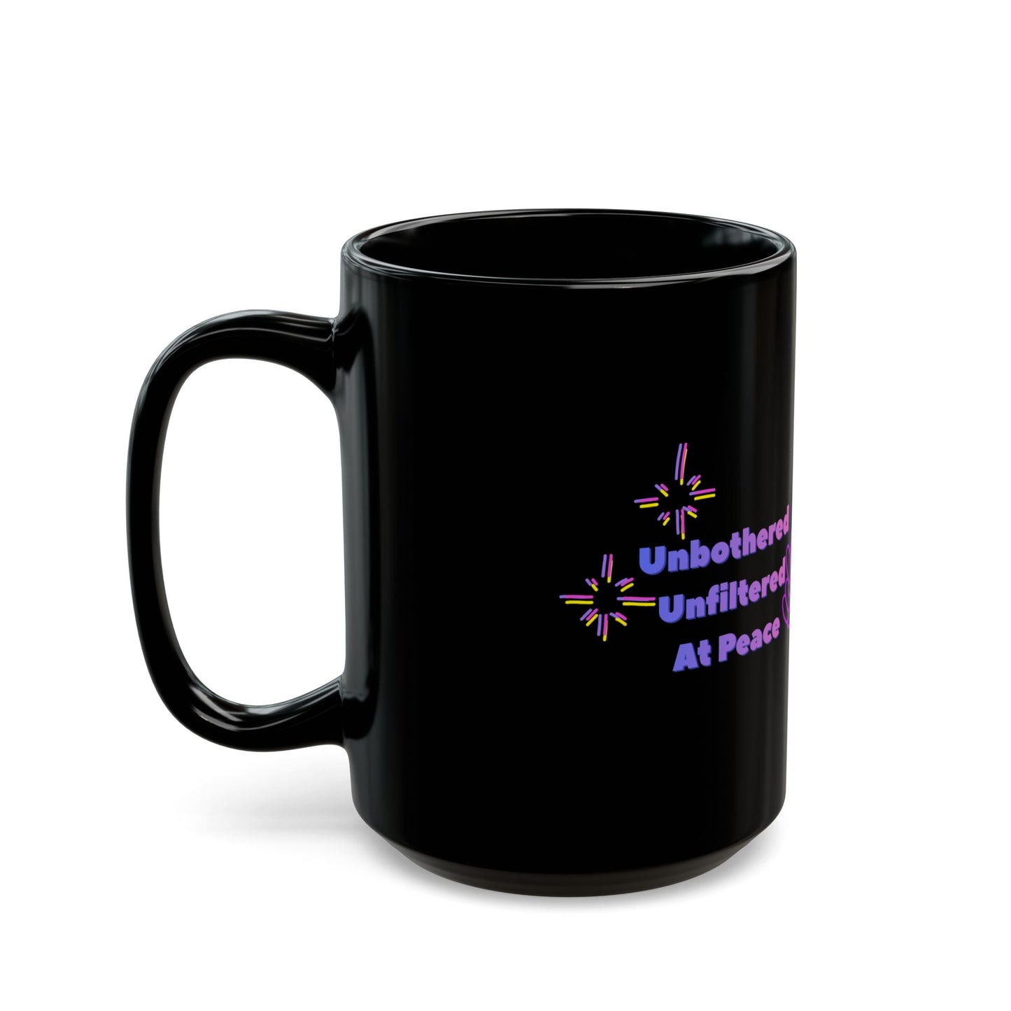 Black mug with colorful text and symbols on a white background