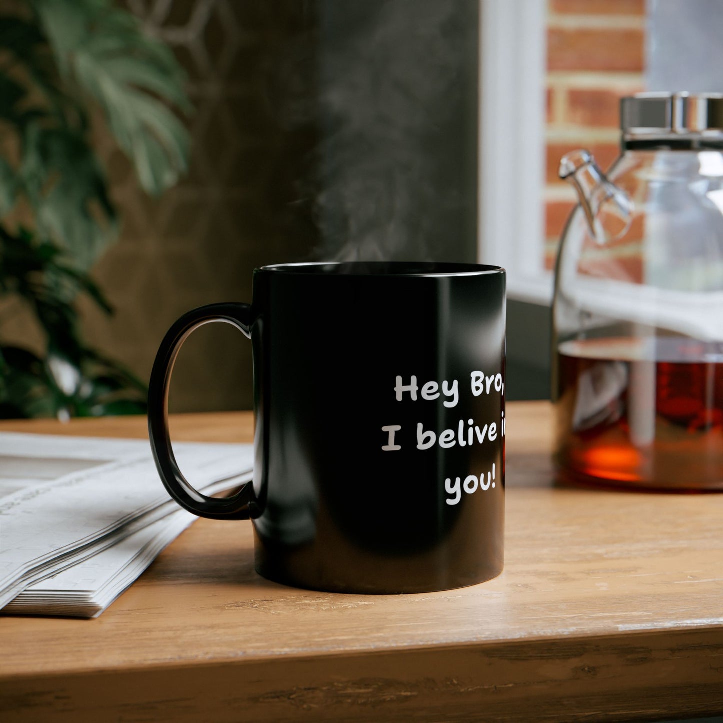 Hey Bro, I believe in you! ' PositiveHug Black Mug - Motivational Coffee Cup for Inspiration and Support