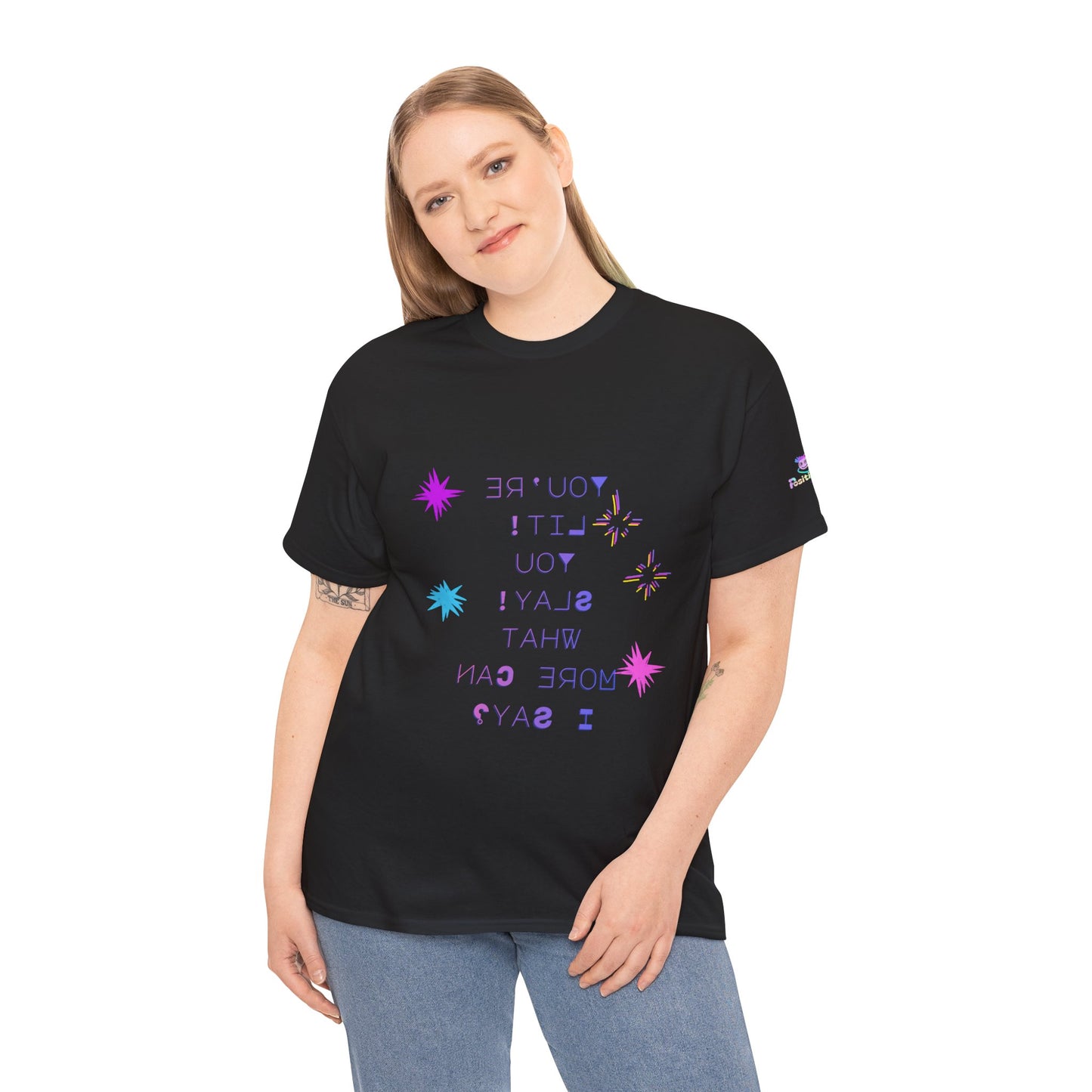 Self-Love Reverse Mirror Print Graphic Tee  “You’re Lit! You Slay! What More Can I Say?” Fun Bright Star Design