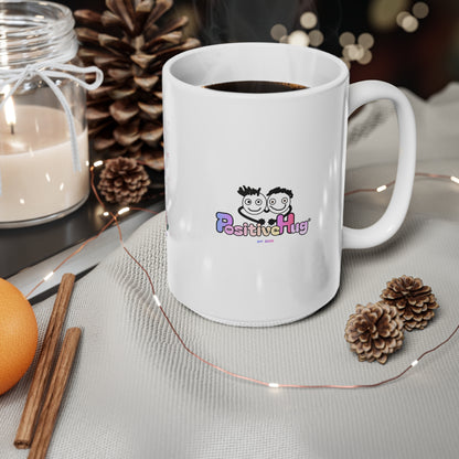 White mug with a logo on a table with decorative items