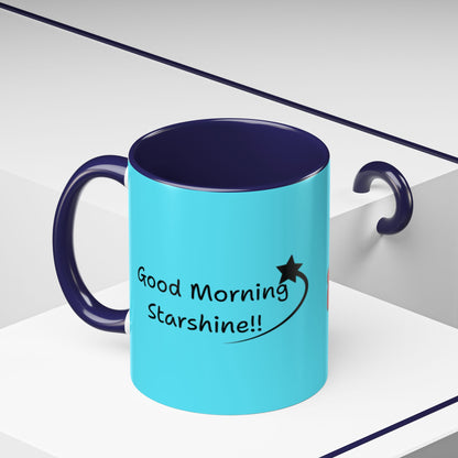 'Good Morning Starshine' Neon Cheerful Coffee Mug by PositiveHug - Turquoise exterior