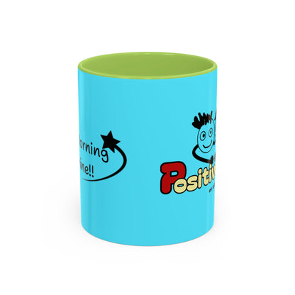 'Good Morning Starshine' Neon Cheerful Coffee Mug by PositiveHug - Turquoise exterior