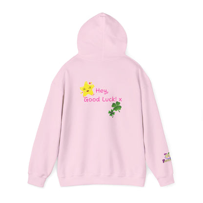 'Hey, Good Luck! x' Unisex Hooded sweatshirt by PositiveHug - Design on back