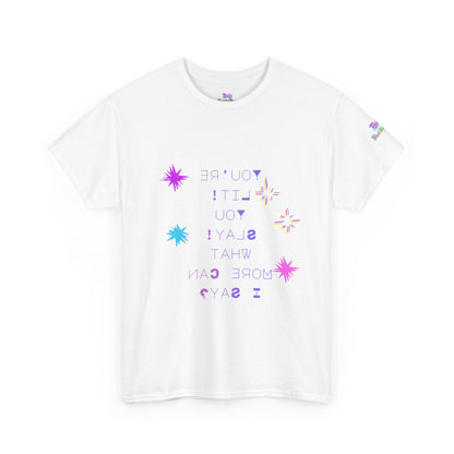 White t-shirt with colorful text and star designs on a white background