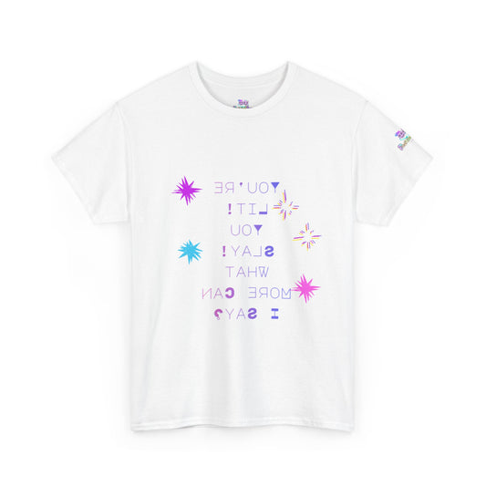 White t-shirt with colorful text and star designs on a white background