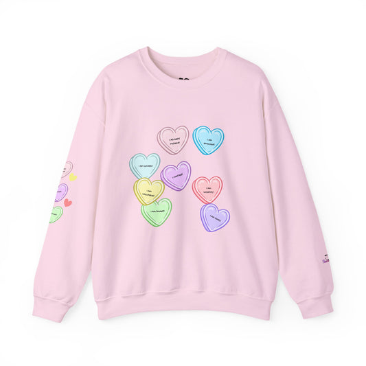 Self-Love Candy Hearts Affirmation Crewneck Sweatshirt | PositiveHug