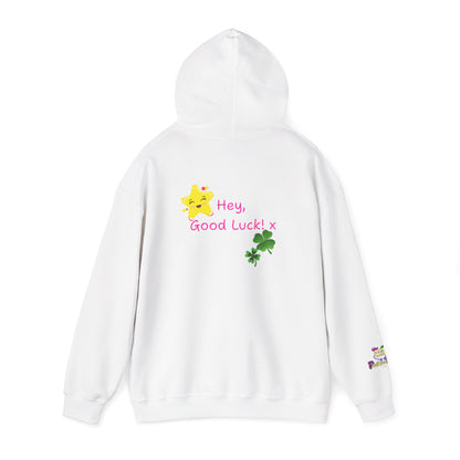 'Hey, Good Luck! x' Unisex Hooded sweatshirt by PositiveHug - Design on back