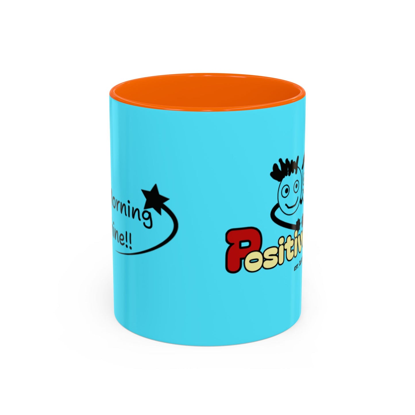 'Good Morning Starshine' Neon Cheerful Coffee Mug by PositiveHug - Turquoise exterior