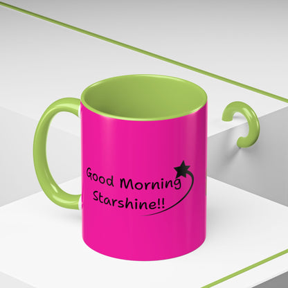'Good Morning Starshine' Neon Cheerful Coffee Mug by PositiveHug - Pink exterior