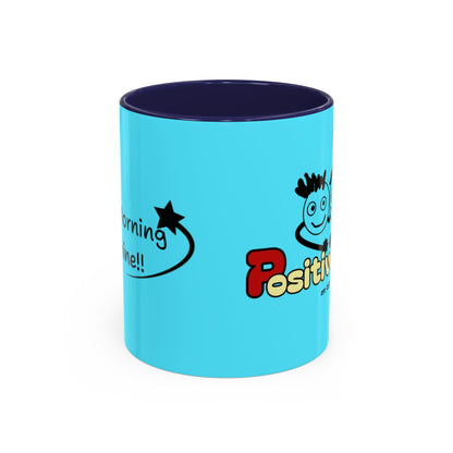 'Good Morning Starshine' Neon Cheerful Coffee Mug by PositiveHug - Turquoise exterior