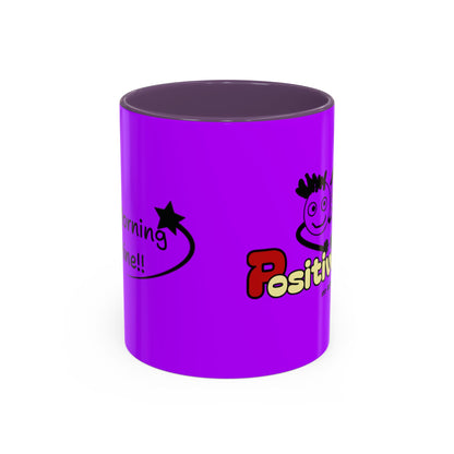 'Good Morning Starshine' Neon Cheerful Coffee Mug by PositiveHug - Purple exterior