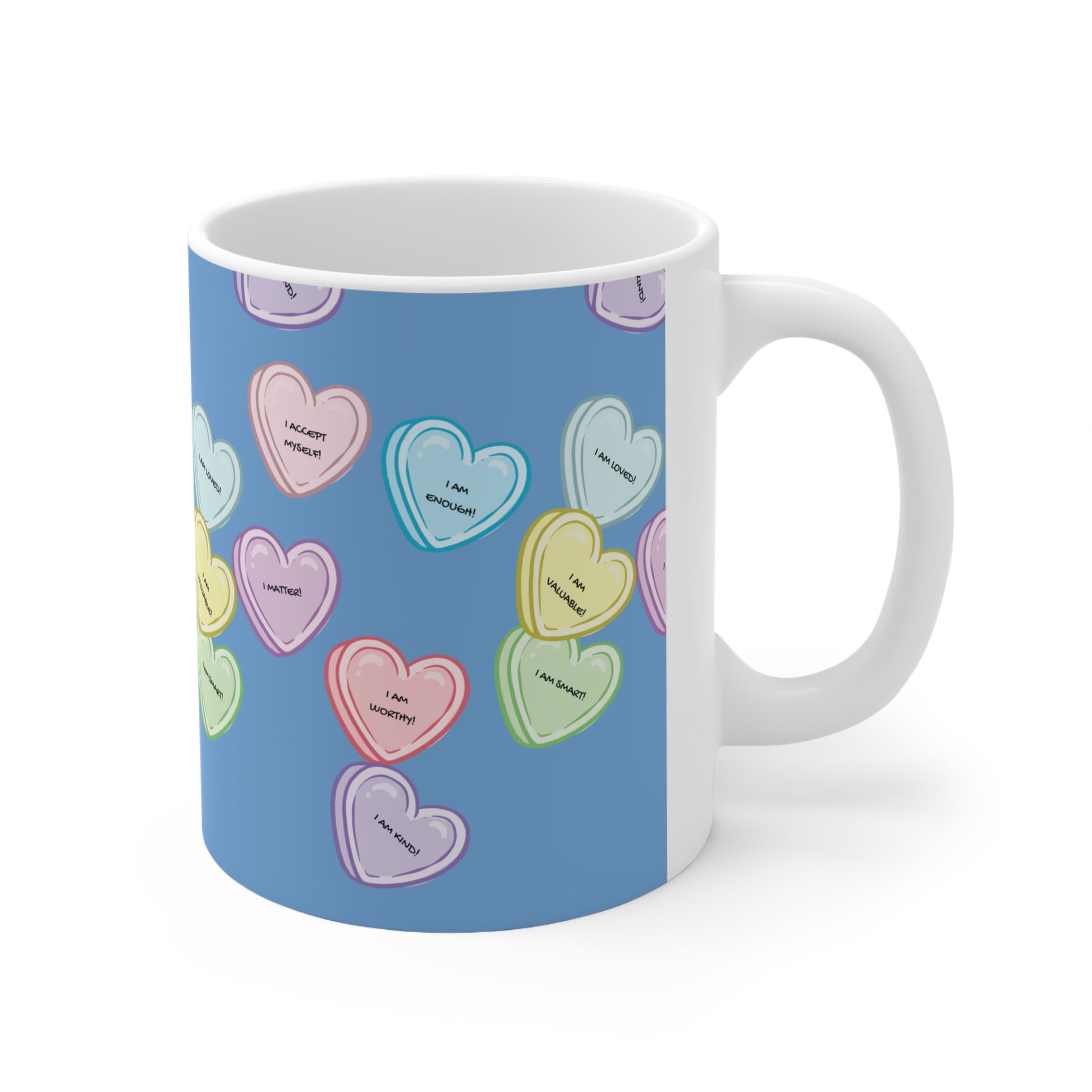 Mug with colorful heart pattern on a blue background