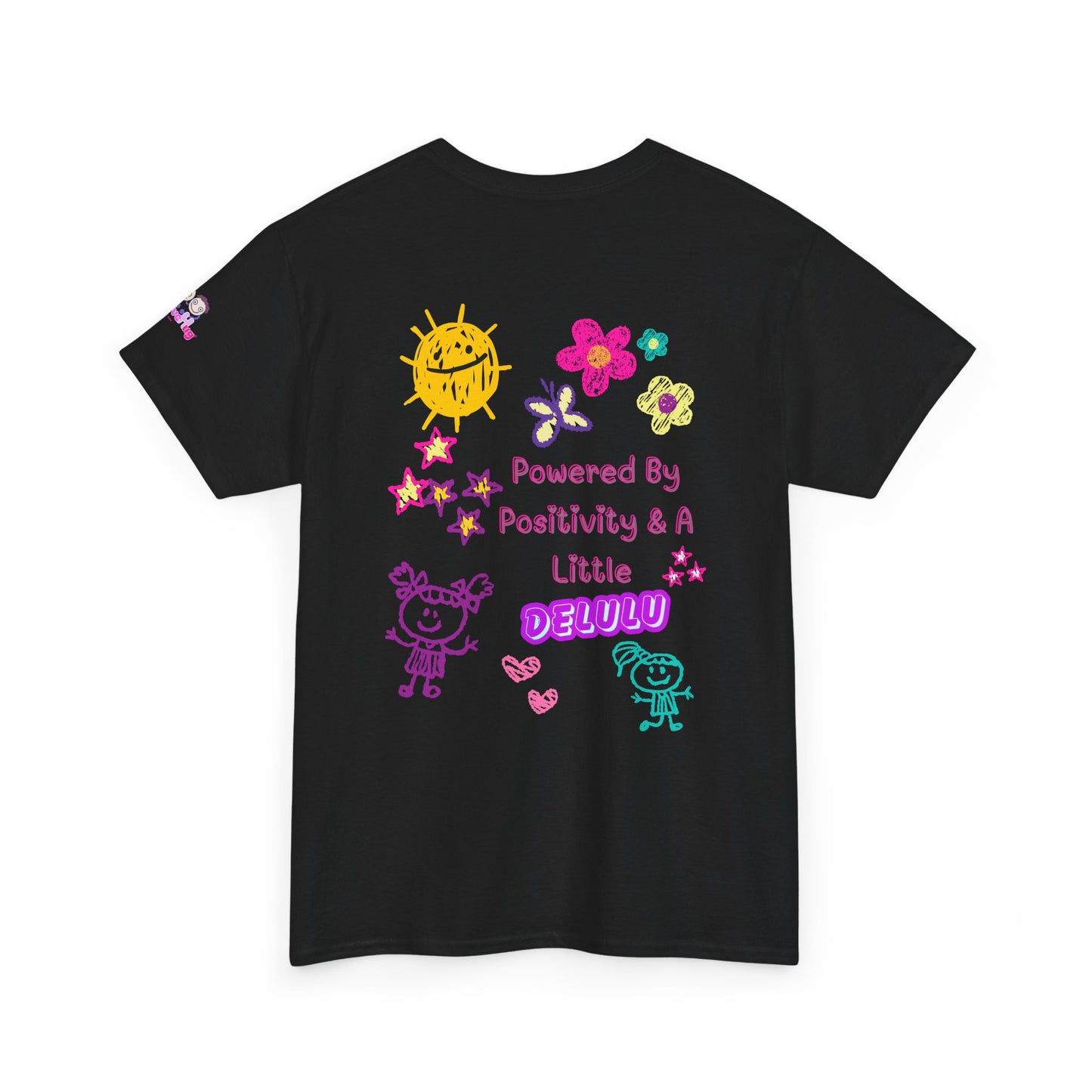 "Powered By Positivity & A Little Delulu" Cute Doodle Graphic Tee | PositiveHug