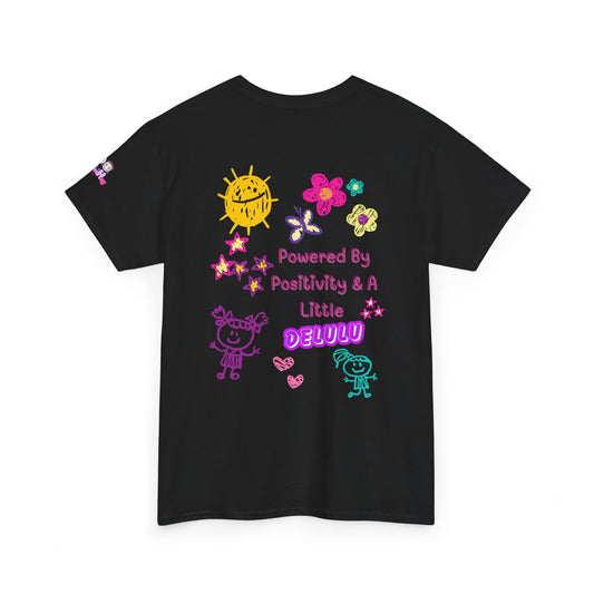 "Powered By Positivity & A Little Delulu" Cute Doodle Graphic Tee | PositiveHug