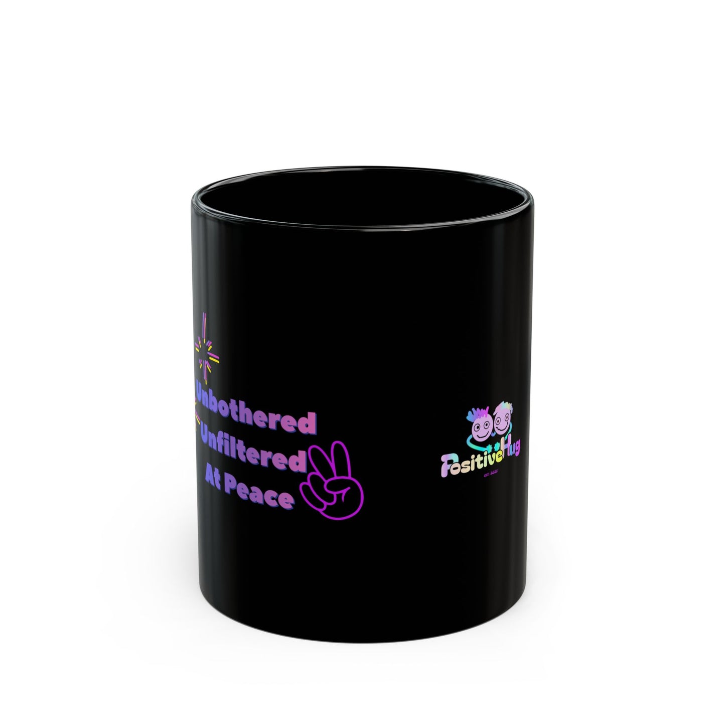 Black mug with colorful text and graphics on a white background