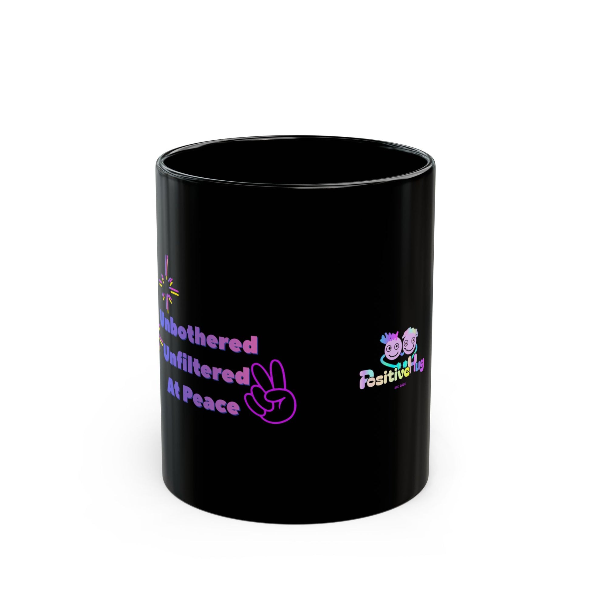 Black mug with colorful text and graphics on a white background