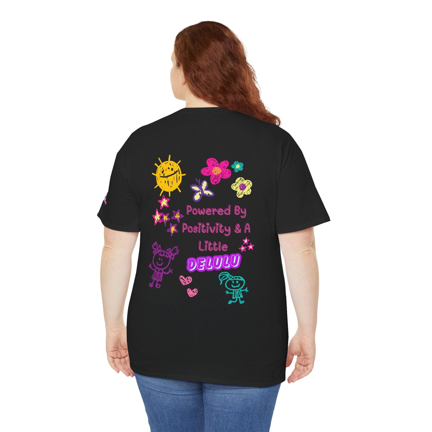 "Powered By Positivity & A Little Delulu" Cute Doodle Graphic Tee | PositiveHug