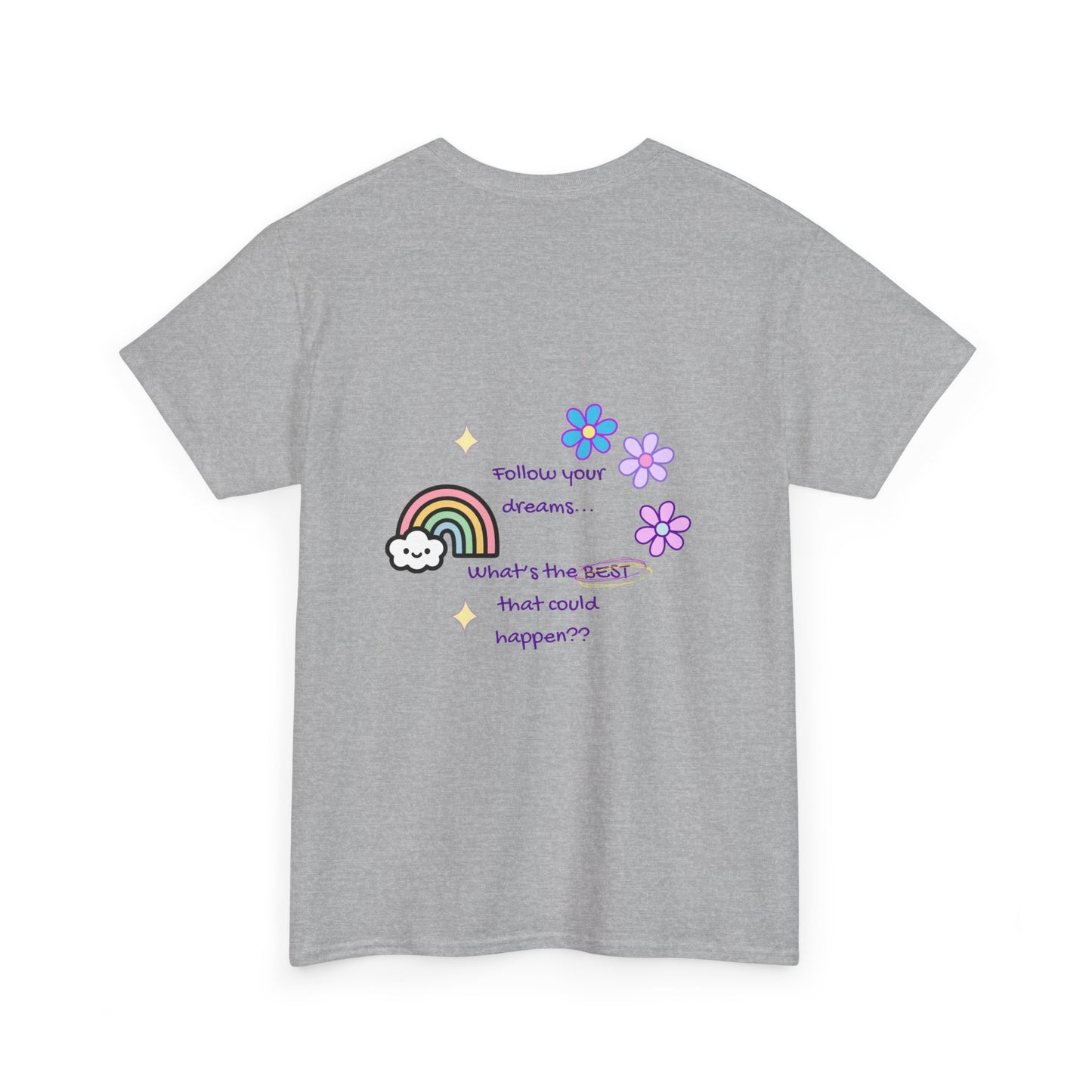 Gray t-shirt with a colorful graphic and text on the back against a white background