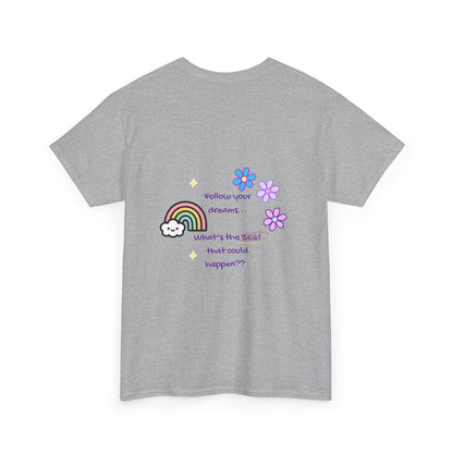 Gray t-shirt with a colorful graphic and text on the back against a white background