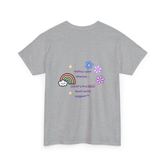 Gray t-shirt with a colorful graphic and text on the back against a white background