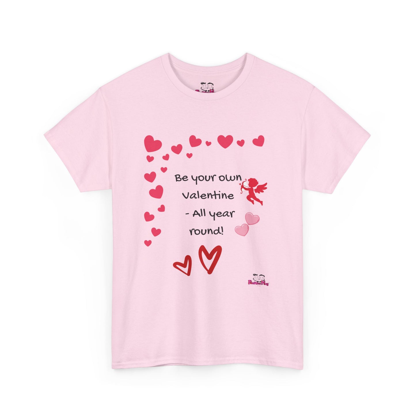 Pink t-shirt with heart designs and text on a white background