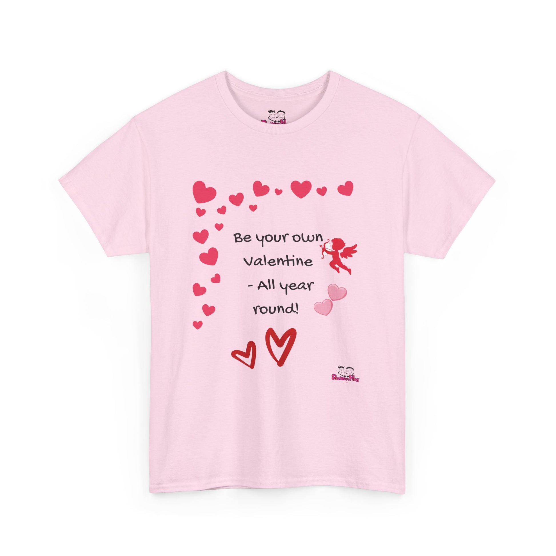 Pink t-shirt with heart designs and text on a white background