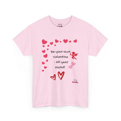 Pink t-shirt with heart designs and text on a white background