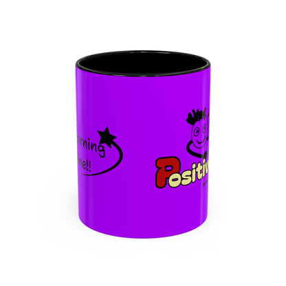 'Good Morning Starshine' Neon Cheerful Coffee Mug by PositiveHug - Purple exterior