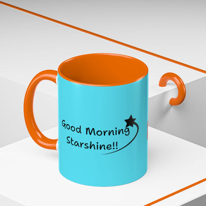 'Good Morning Starshine' Neon Cheerful Coffee Mug by PositiveHug - Turquoise exterior