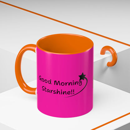 'Good Morning Starshine' Neon Cheerful Coffee Mug by PositiveHug - Pink exterior