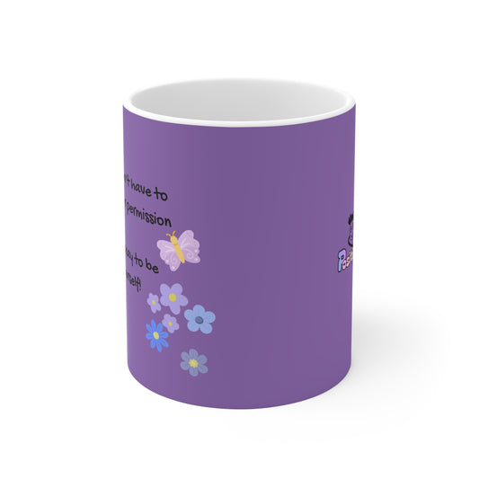 Purple mug with butterfly and flower design on a white background