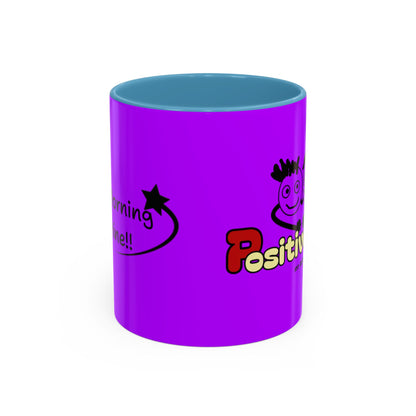 'Good Morning Starshine' Neon Cheerful Coffee Mug by PositiveHug - Purple exterior