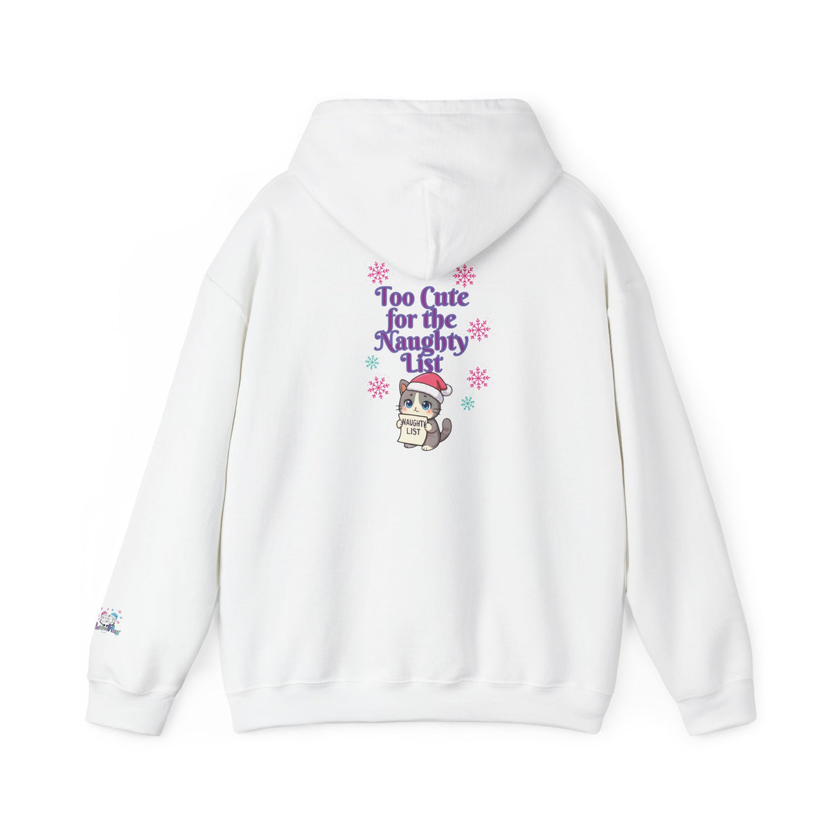 A white pullover hoodie shown from the back, featuring a cute graphic of a cat in a Santa hat surrounded by purple text that reads 'Too Cute for the Naughty List' and small pink and blue snowflake accents.