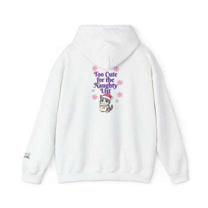 A white pullover hoodie shown from the back, featuring a cute graphic of a cat in a Santa hat surrounded by purple text that reads 'Too Cute for the Naughty List' and small pink and blue snowflake accents.