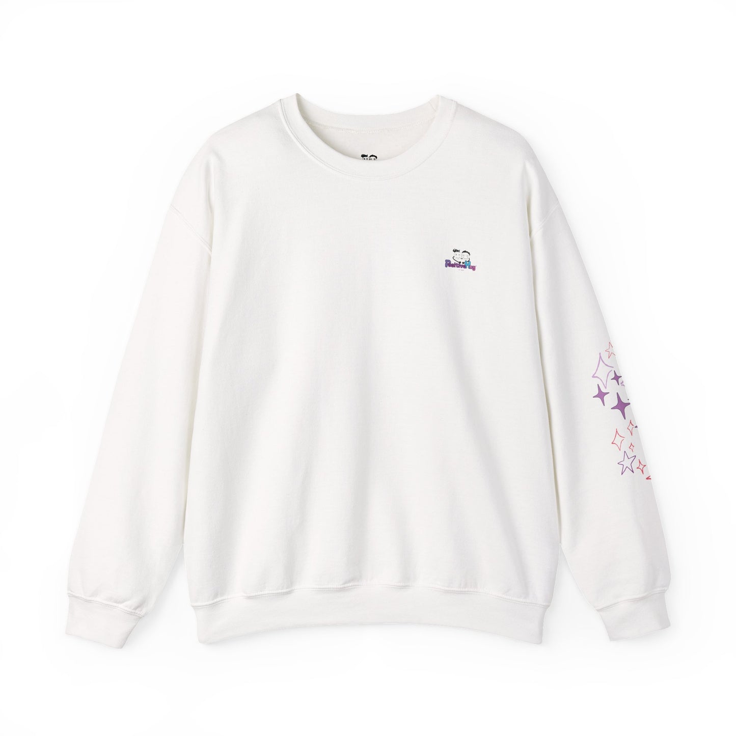 White sweatshirt with colorful star designs on a white background