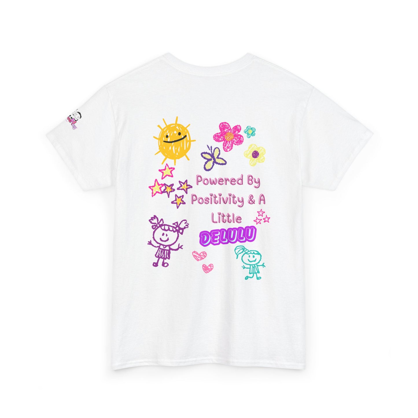 "Powered By Positivity & A Little Delulu" Cute Doodle Graphic Tee | PositiveHug